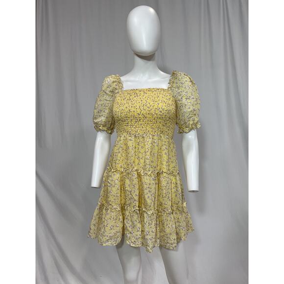 Bardot Junior 'Tiered' Yellow Square Neck Three Quarter Sleeve Floral Dress - Picture 2 of 5